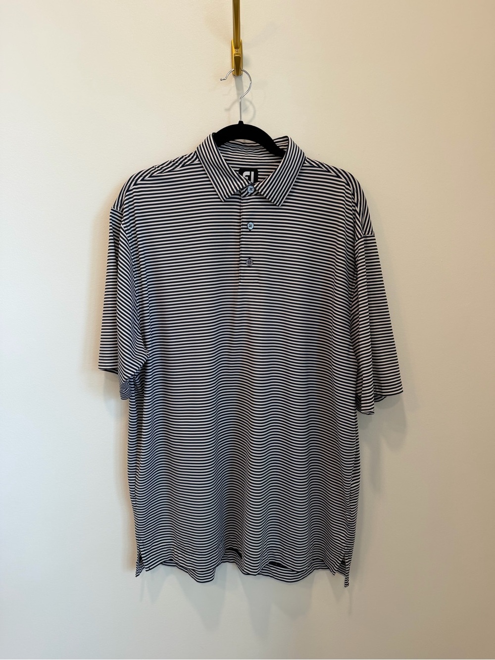Footjoy FJ Polo Shirt Mens XL Navy Blue Stripe Golf Stretch Perform Logo Preppy